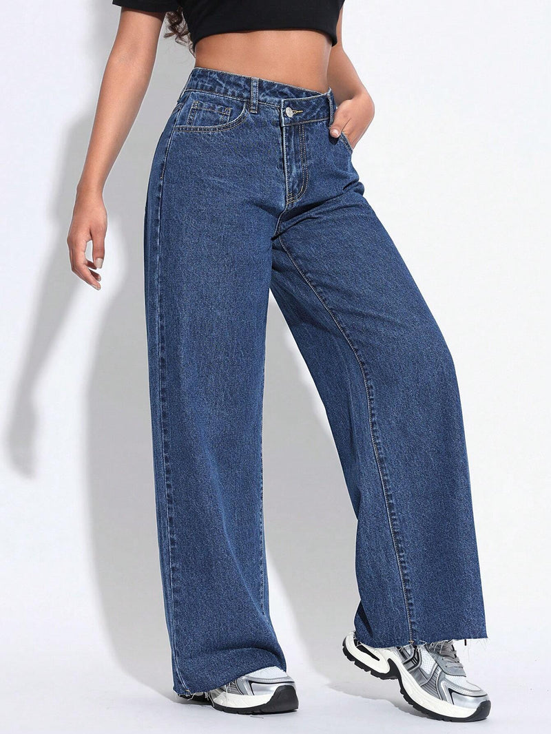 PETITE Pantalones Jeans de talla alta asimetricos para mujer con piernas anchas, ajuste suelto y bolsillos laterales, casuales y versatiles