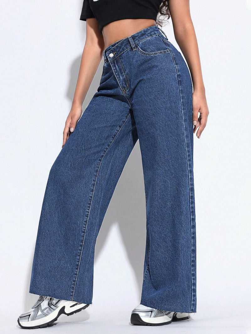 PETITE Pantalones Jeans de talla alta asimetricos para mujer con piernas anchas, ajuste suelto y bolsillos laterales, casuales y versatiles