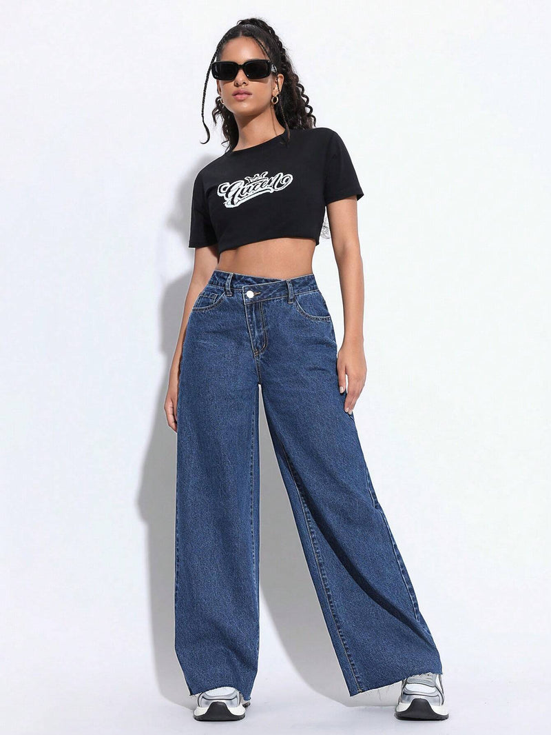 PETITE Pantalones Jeans de talla alta asimetricos para mujer con piernas anchas, ajuste suelto y bolsillos laterales, casuales y versatiles