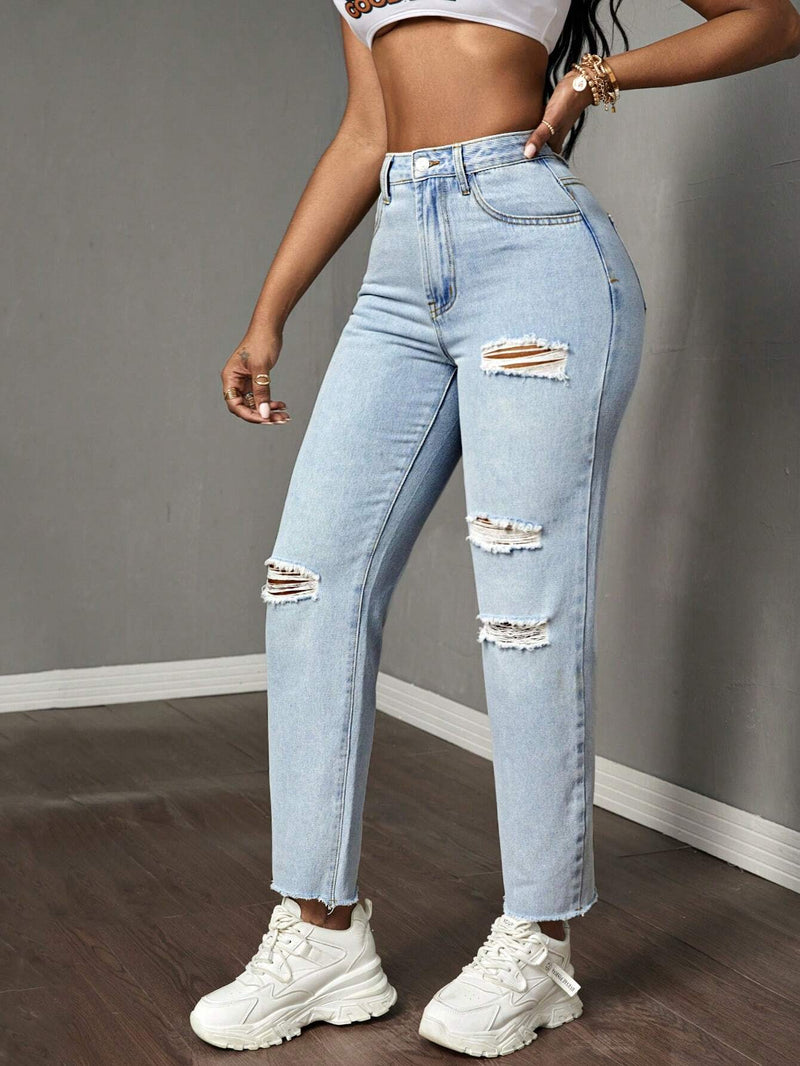 Slayr Jeans de mujer ajustados con bolsillos, desgastados y rasgados, adecuados para atuendos diarios, de trabajo y casuales