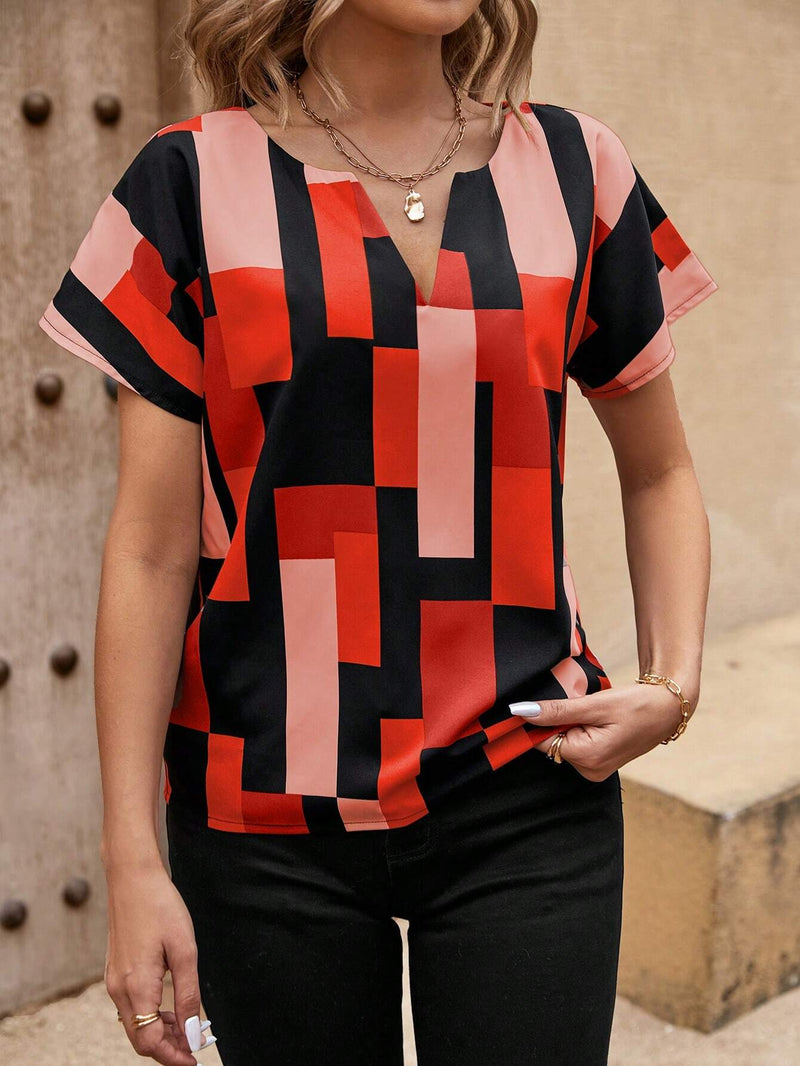 Camisa casual de verano para mujer con estampado geometrico, cuello en V con muesca y mangas cortas estilo murcielago