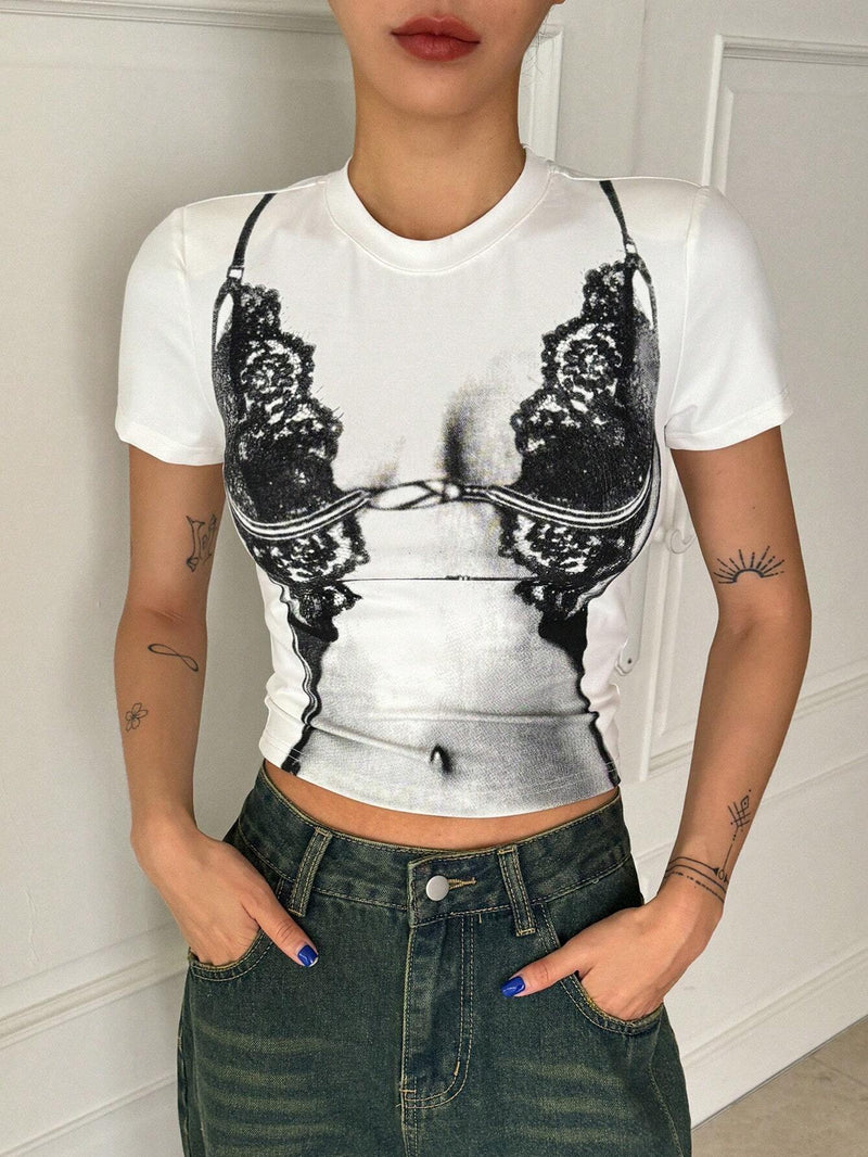 Camiseta de cuello redondo de manga corta ajustada con estampado de patron para mujer