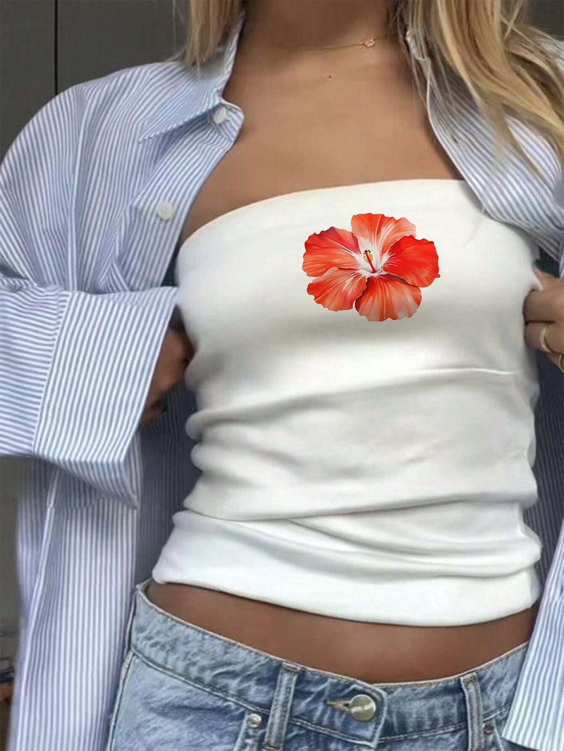 EZwear Top de patron de flores rojas de mujer con ajuste casual y entallado, adecuado para el verano