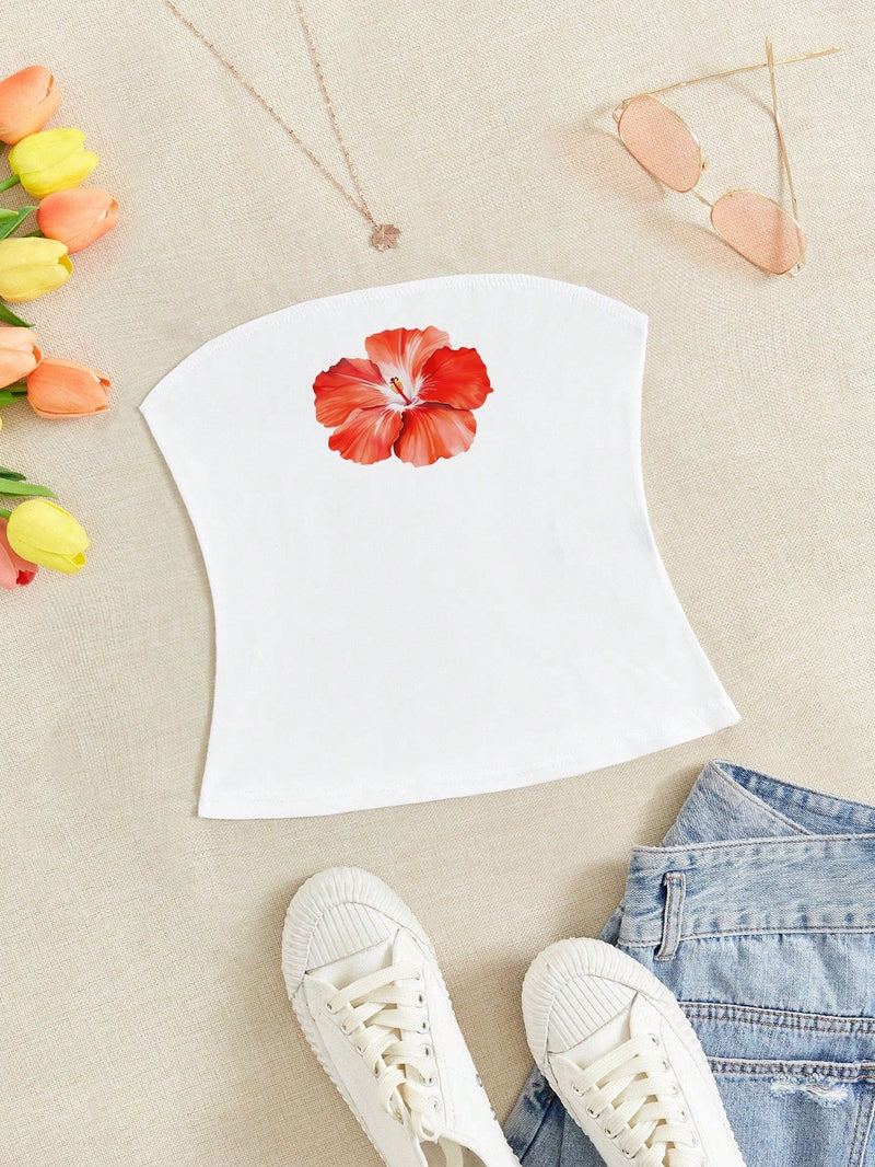 EZwear Top de patron de flores rojas de mujer con ajuste casual y entallado, adecuado para el verano