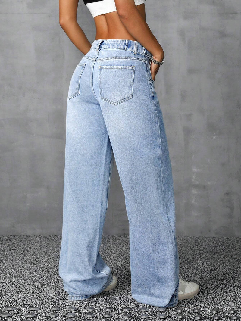 ICON Pantalones Jeans anchos de pierna ancha y casuales para mujeres con bolsillos