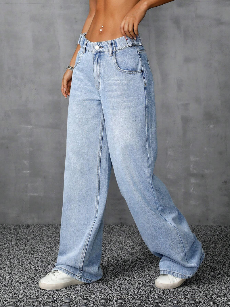 ICON Pantalones Jeans anchos de pierna ancha y casuales para mujeres con bolsillos