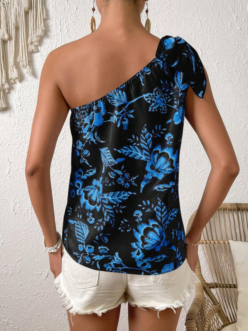 Blusa de un solo hombro con estampado floral de primavera y dee de nudos