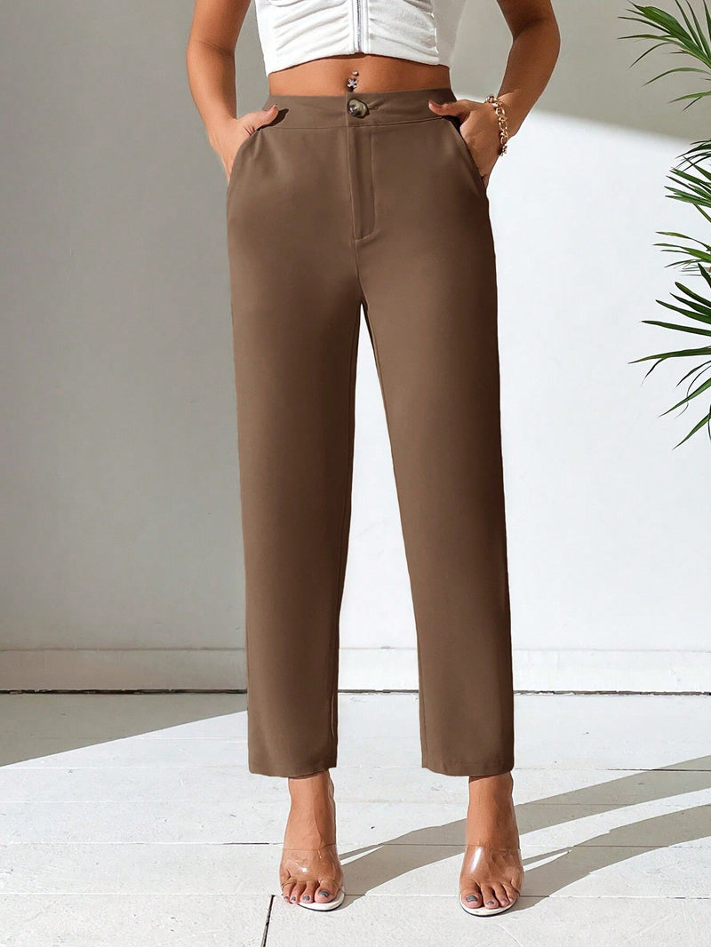 PETITE Pantalones solidos y sencillos con cintura alta y corte conico