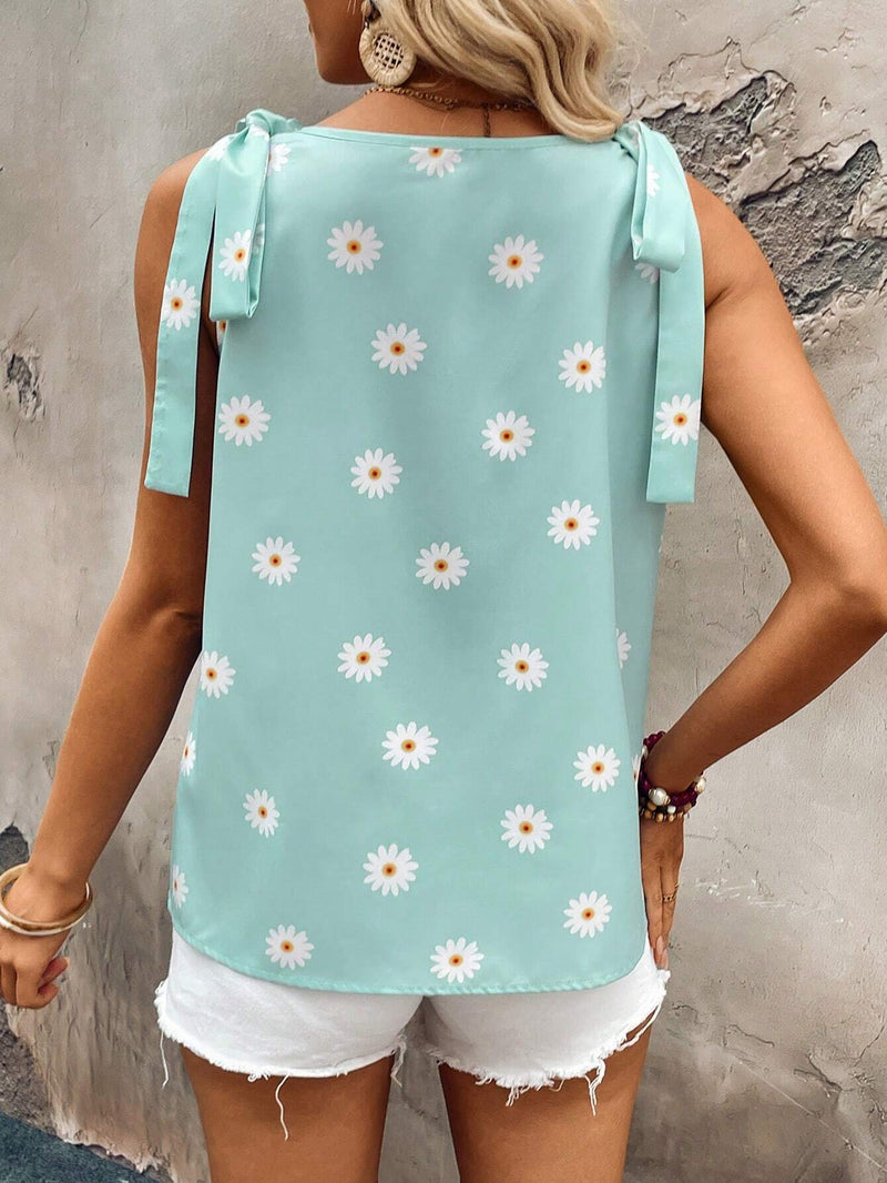 Essnce Camisa casual sin mangas para mujer con nudo en el hombro y estampado de margaritas, perfecta para el verano