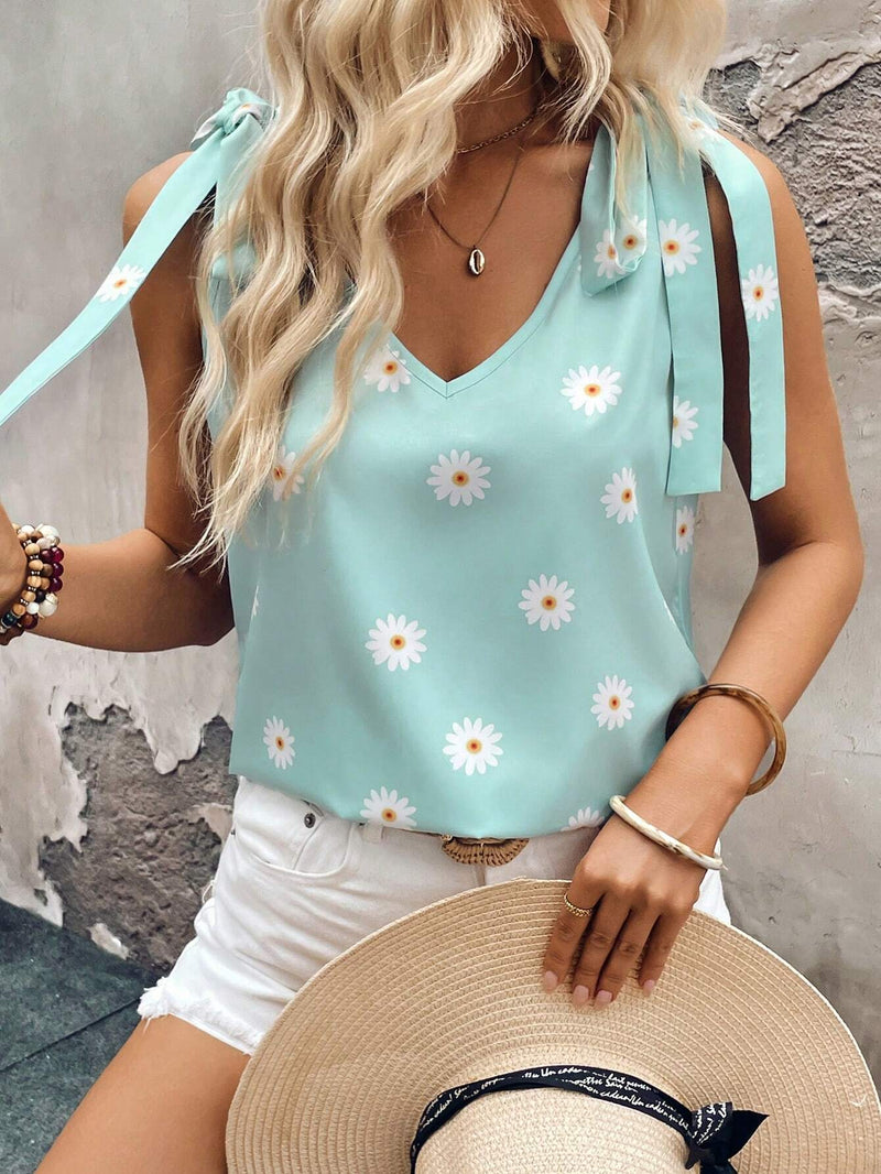 Essnce Camisa casual sin mangas para mujer con nudo en el hombro y estampado de margaritas, perfecta para el verano