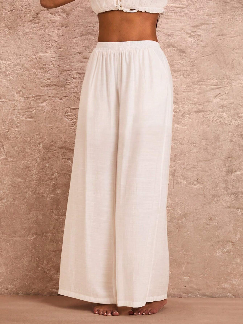 BAE Pantalones blancos de cintura alta y pierna ancha con bolsillos para verano, adecuados para vacaciones en la playa, citas romanticas y atuendos diarios