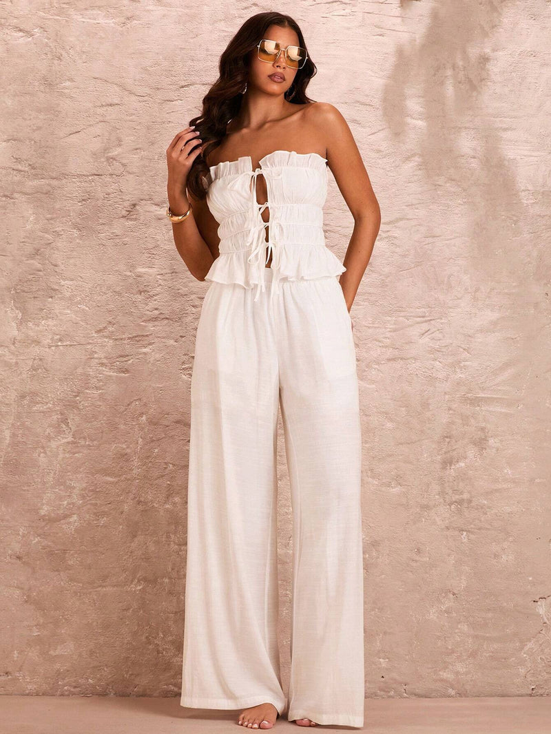 BAE Pantalones blancos de cintura alta y pierna ancha con bolsillos para verano, adecuados para vacaciones en la playa, citas romanticas y atuendos diarios