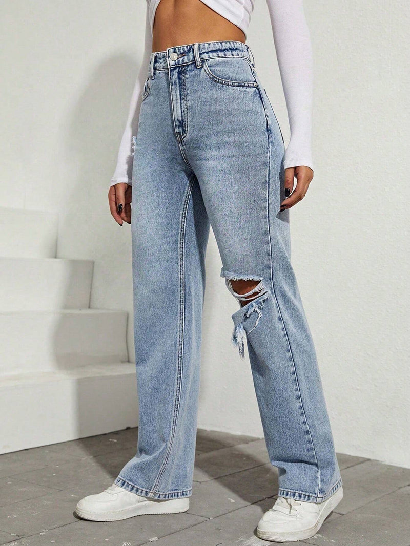 EZwear Jeans tipo boyfriend de talle alto roto