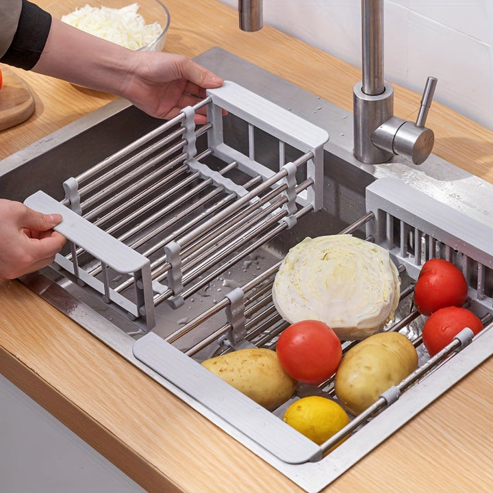 Rejilla para Secar Platos de Acero Inoxidable Expansible sobre el Fregadero, Cesta de Escorrentía Multifuncional Ajustable para Frutas y Verduras, Organizador Plegable para Lavado y Almacenamiento con Acabado Pulido, Estante para Secar Platos
