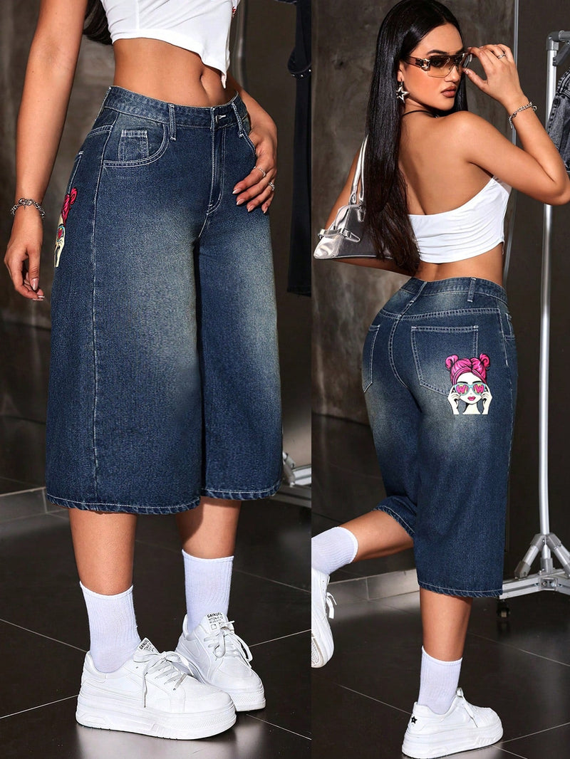 ICON Pantalones Jeans anchos y sueltos de siete puntos para mujer con impresion de personaje de dibujos animados y bolsillos