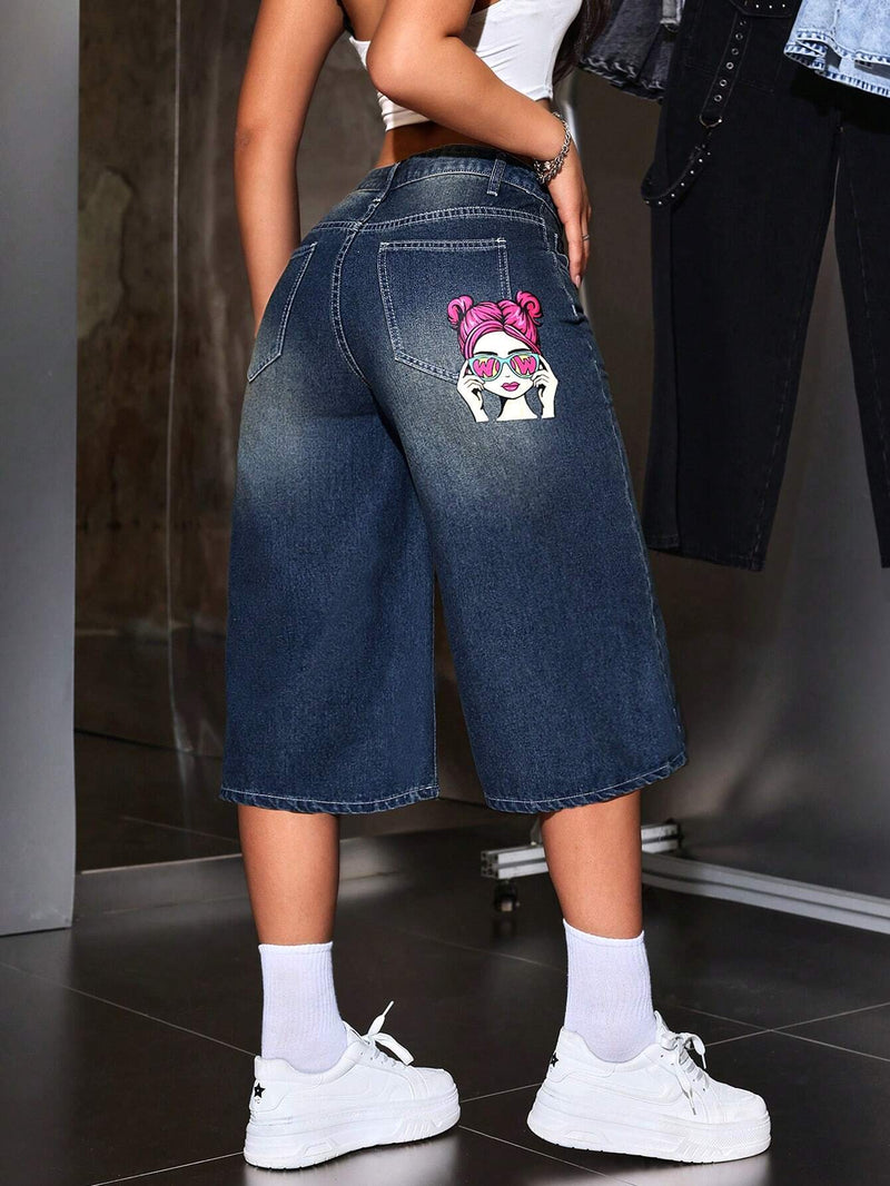 ICON Pantalones Jeans anchos y sueltos de siete puntos para mujer con impresion de personaje de dibujos animados y bolsillos