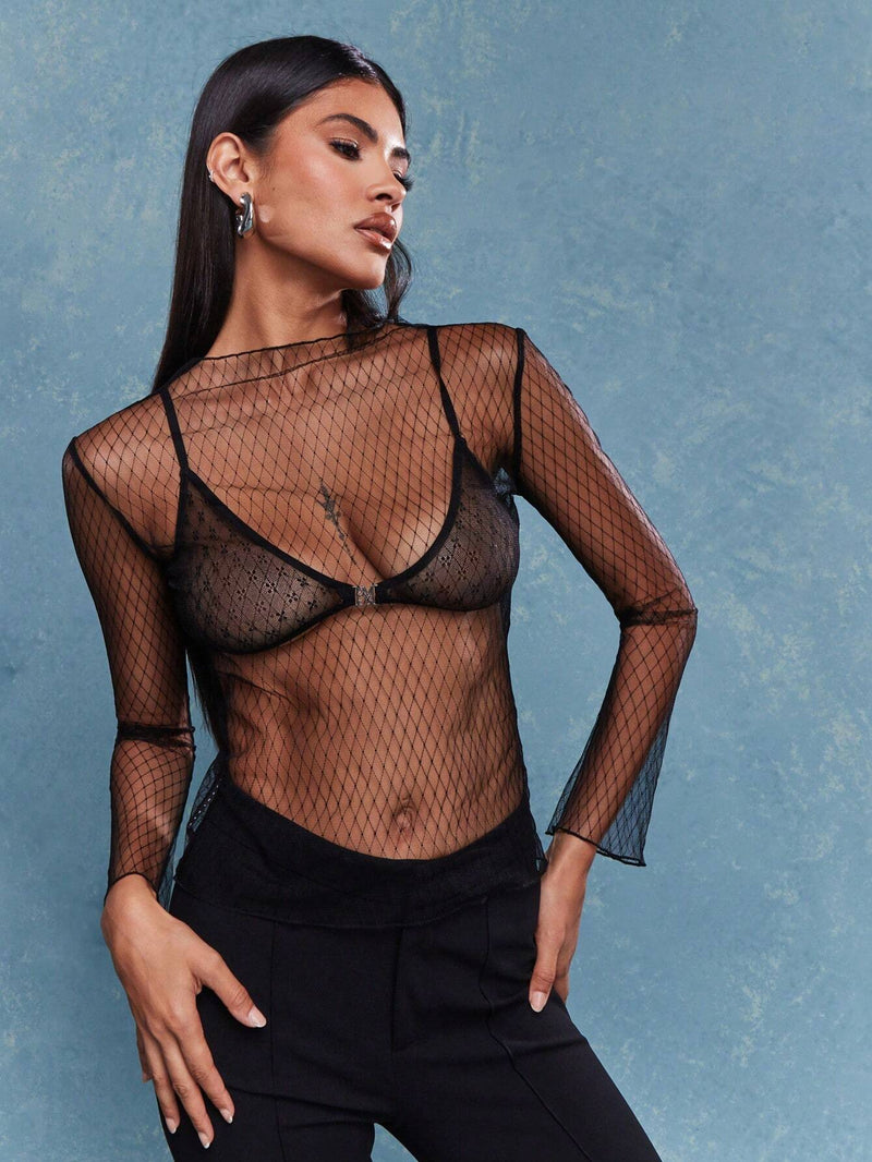 MISSGUIDED Top transparente de malla con manga larga y cuello polo