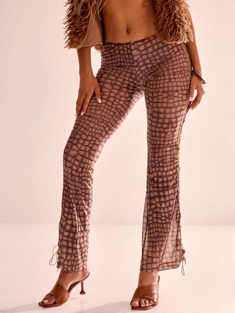 MUSERA Pantalones acampanados con cordones laterales y Sheer Mesh Print