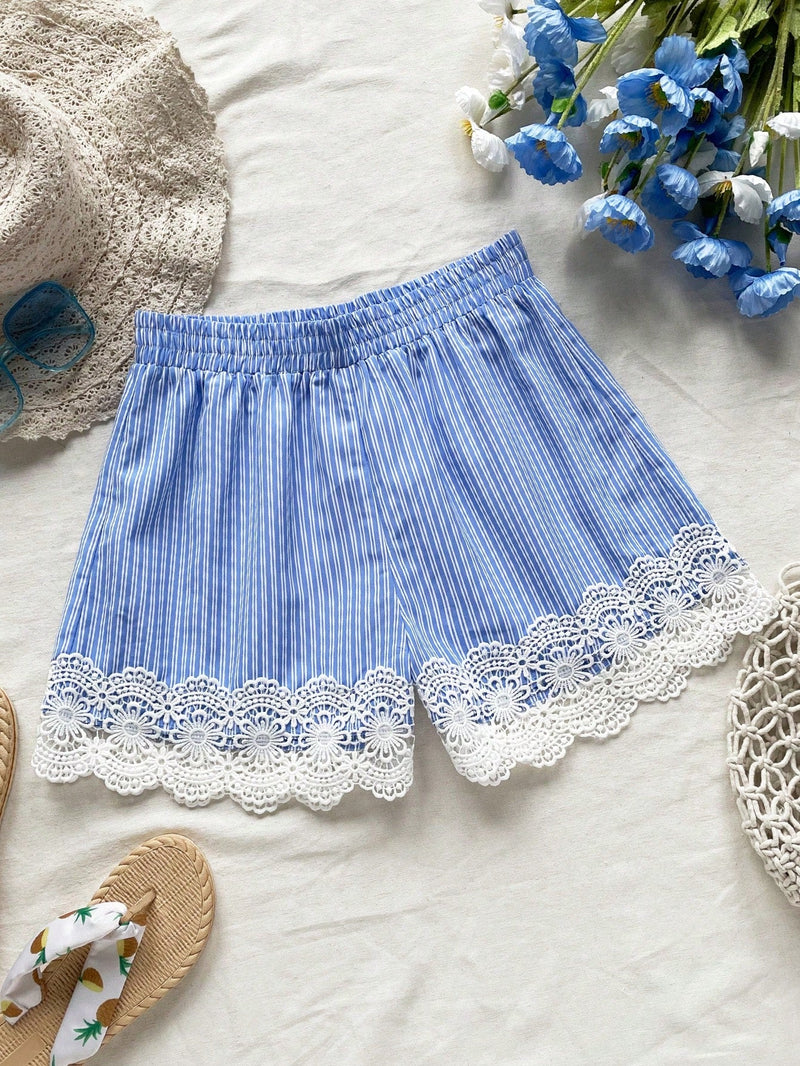 WYWH Shorts de cintura alta en azul y blanco con detalle elastico y empalme de encaje para mujer durante las vacaciones de verano