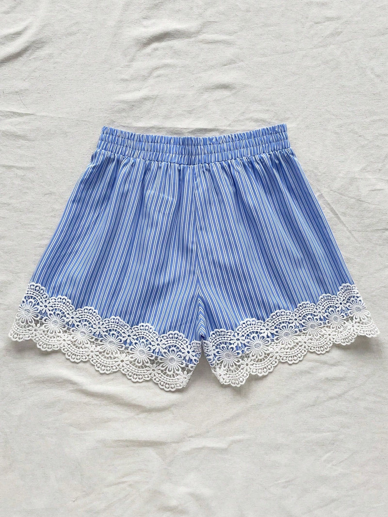 WYWH Shorts de cintura alta en azul y blanco con detalle elastico y empalme de encaje para mujer durante las vacaciones de verano