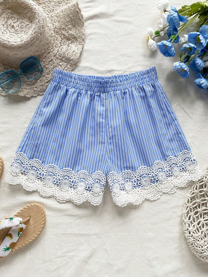 WYWH Shorts de cintura alta en azul y blanco con detalle elastico y empalme de encaje para mujer durante las vacaciones de verano