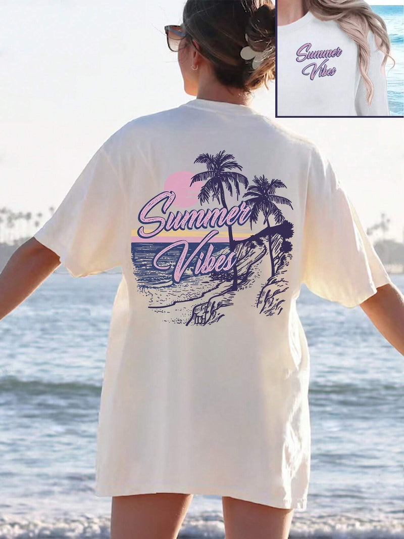 Camiseta casual suelta/ajustada para mujer con patron de arbol de coco y playa, ideal para vacaciones de verano