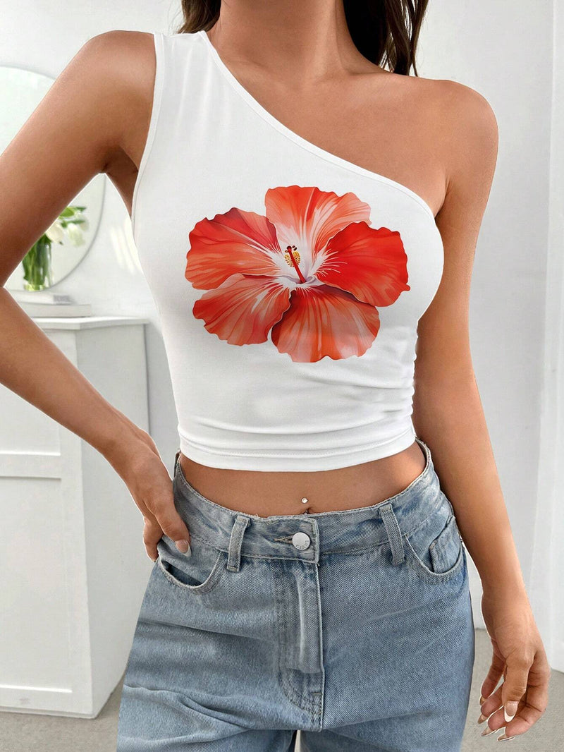 EZwear Top de un hombro para dama con diseno de flores para vacaciones en la playa, coleccion de primavera/verano