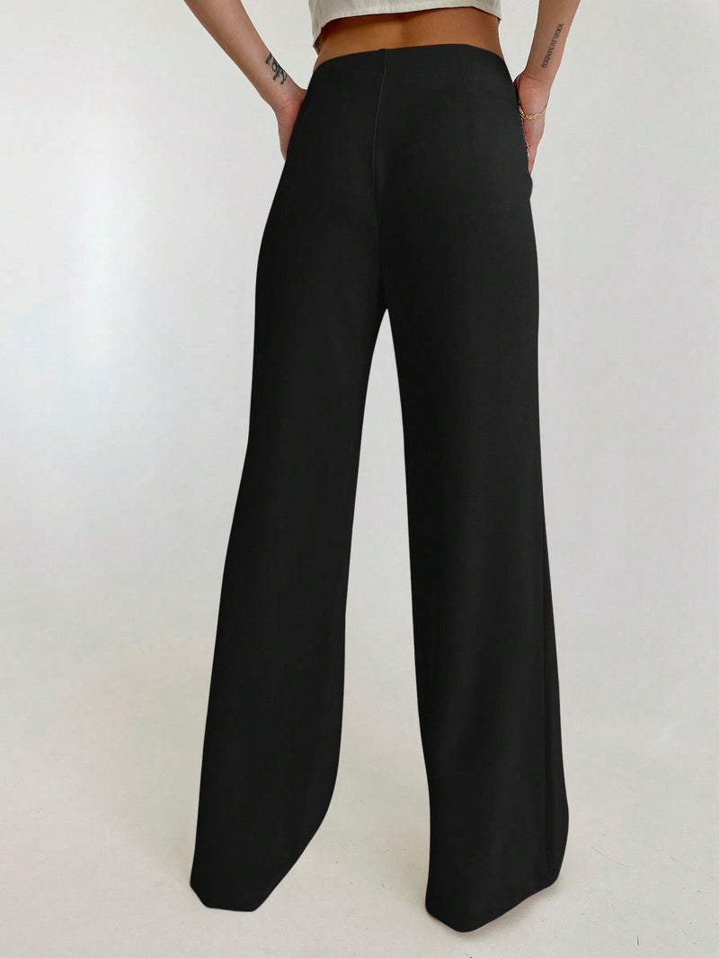 Aloruh Pantalones largos de cintura baja para mujer con bolsillos, diseno con botones ocultos, estilo de moda callejera simple