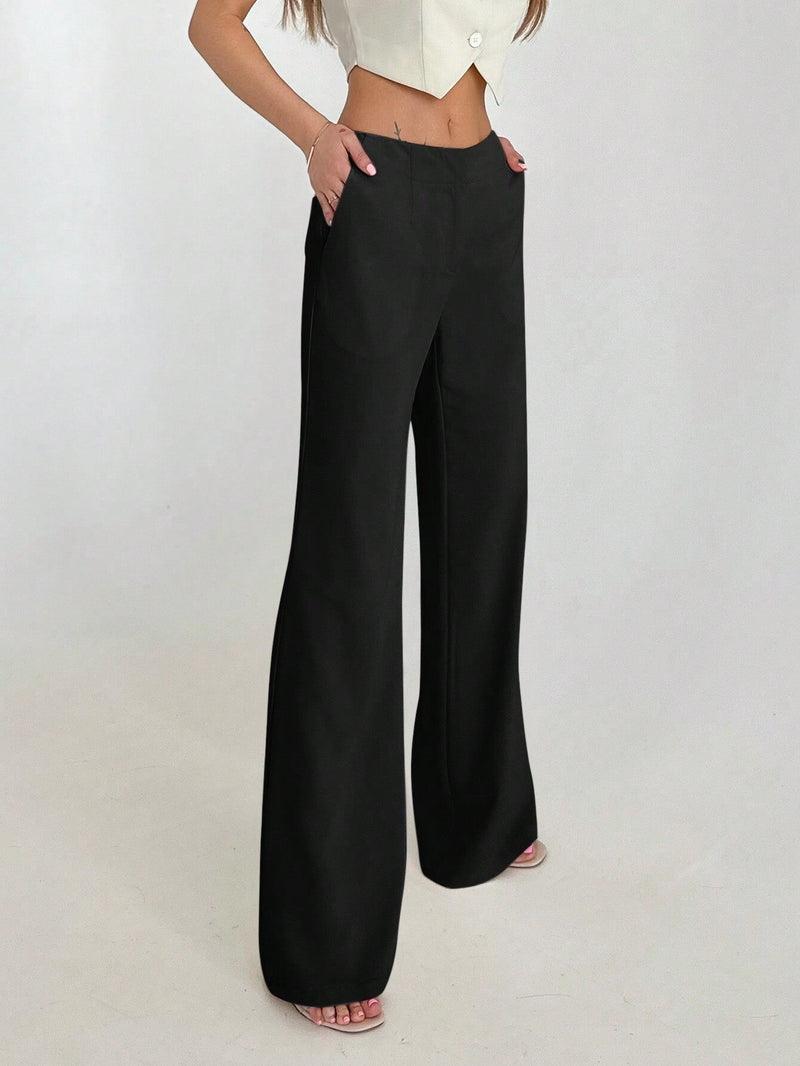 Aloruh Pantalones largos de cintura baja para mujer con bolsillos, diseno con botones ocultos, estilo de moda callejera simple