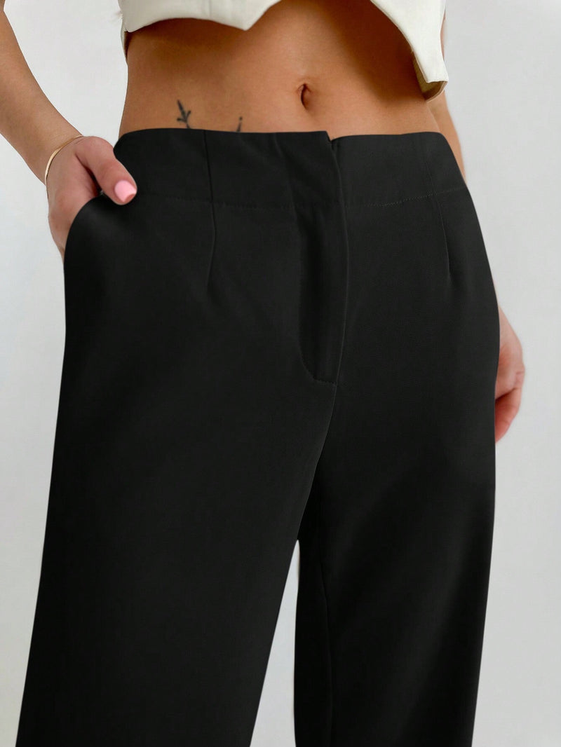 Aloruh Pantalones largos de cintura baja para mujer con bolsillos, diseno con botones ocultos, estilo de moda callejera simple