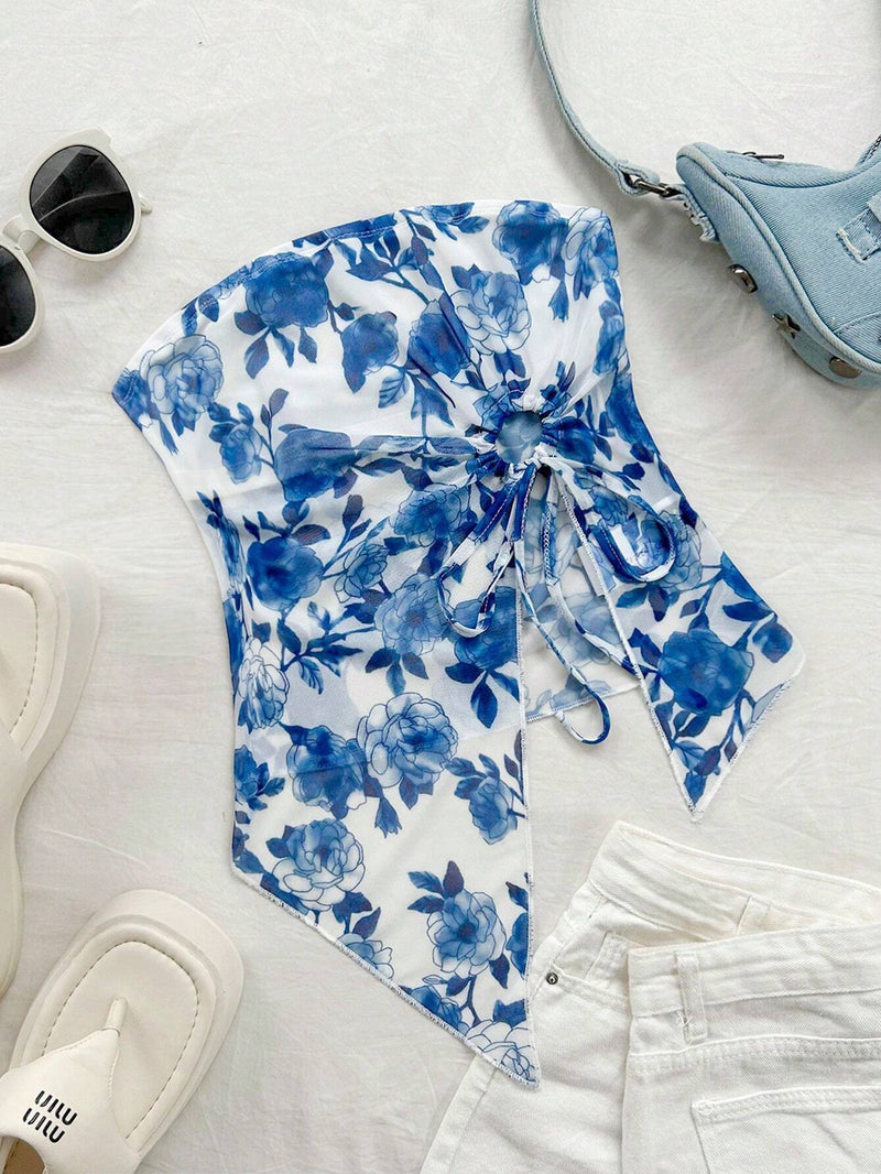 WYWH Top irregular de tirantes sin mangas con estampado floral en tonos azules y blancos para vacaciones de verano de mujeres con cordon