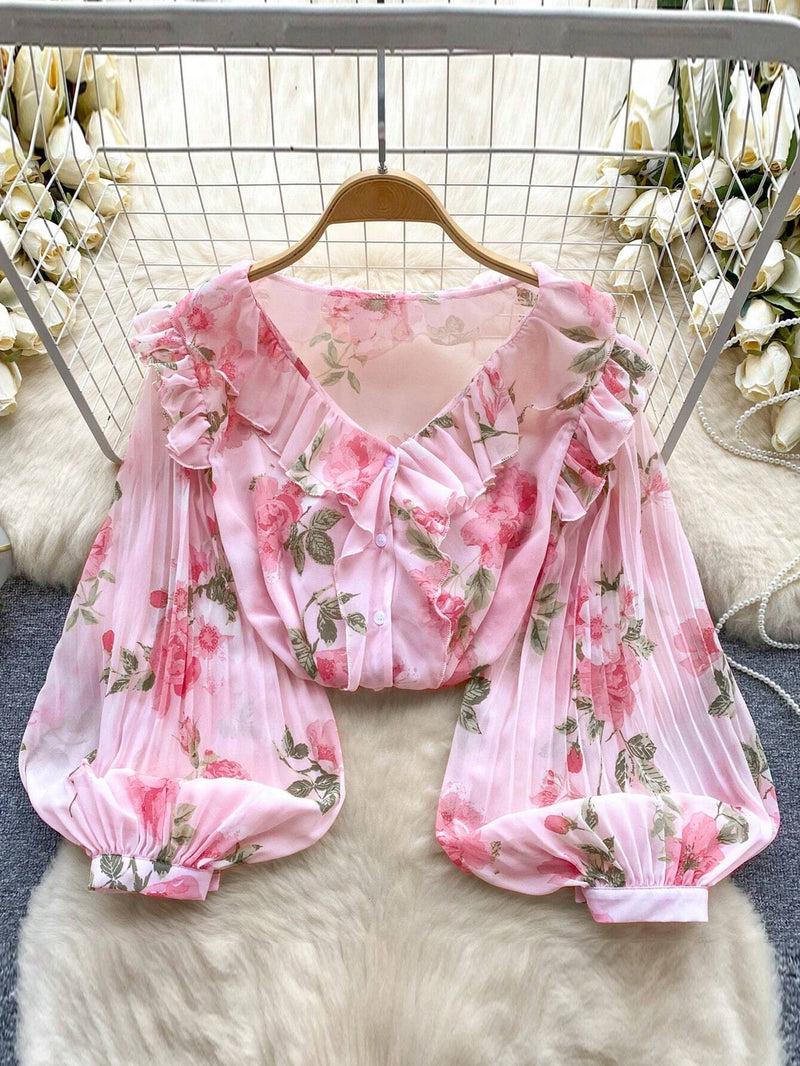 Camisa transparente de gasa para mujer con estampado floral, mangas de linterna y volantes para uso diario, playa, cita romantica, ceremonia de bodas, festival musical de verano