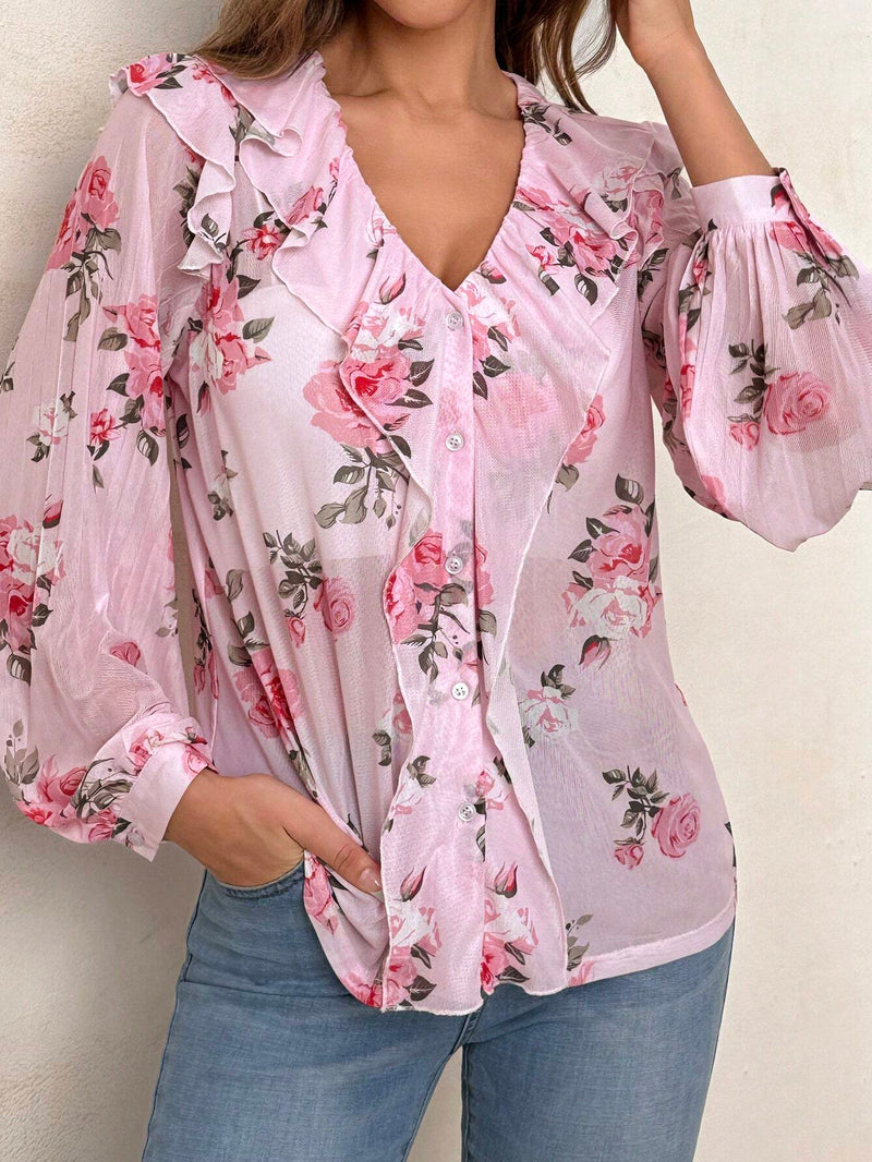 Camisa transparente de gasa para mujer con estampado floral, mangas de linterna y volantes para uso diario, playa, cita romantica, ceremonia de bodas, festival musical de verano