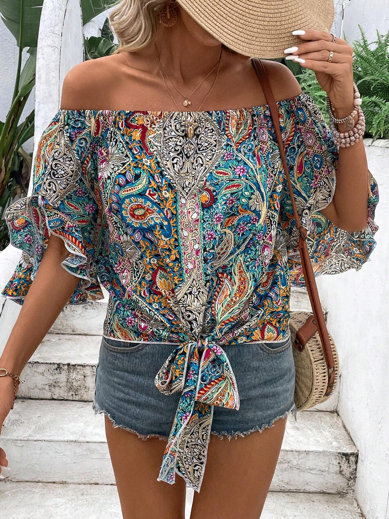 Camisa holgada para vacaciones de mujer, manga corta con diseno de patron paisley, hombros descubiertos y cintura con nudo