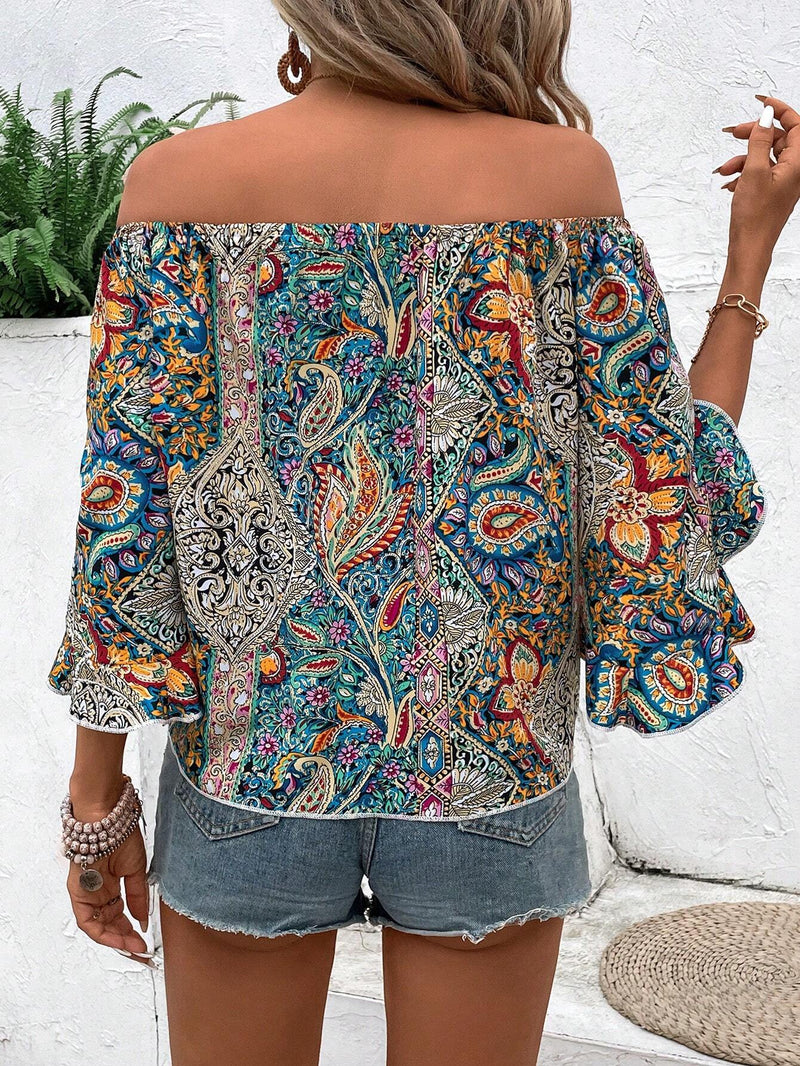 Camisa holgada para vacaciones de mujer, manga corta con diseno de patron paisley, hombros descubiertos y cintura con nudo