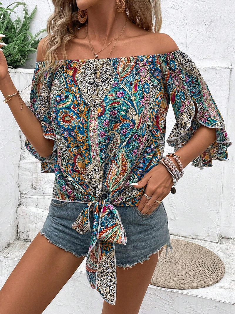 Camisa holgada para vacaciones de mujer, manga corta con diseno de patron paisley, hombros descubiertos y cintura con nudo