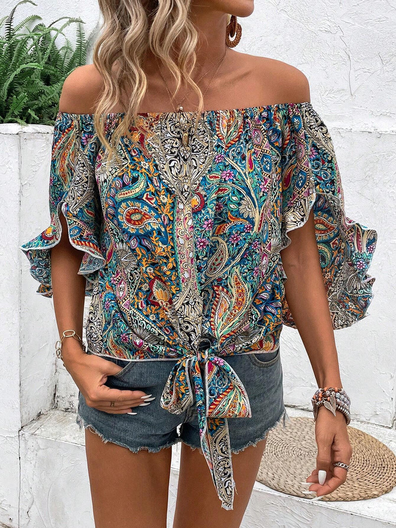 Camisa holgada para vacaciones de mujer, manga corta con diseno de patron paisley, hombros descubiertos y cintura con nudo