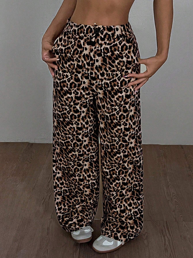 EZwear Pantalones rectos de cintura alta con estampado de leopardo