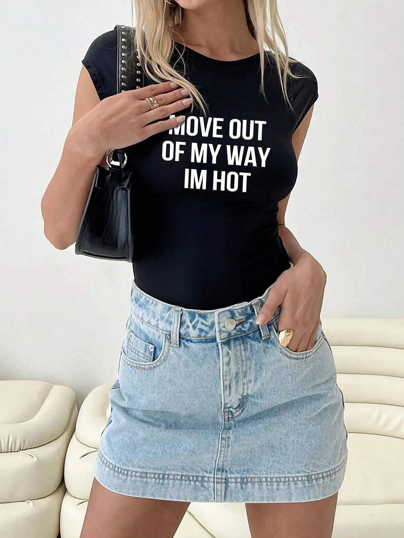 Camiseta casual de mujer de verano con cuello redondo, manga corta y ajuste enado con impresion de eslogan