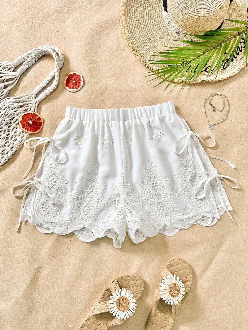 VCAY Shorts sueltos de cintura alta bordados en unicolor con lazo a ambos lados para mujeres, perfectos para unas romanticas vacaciones de verano en la playa