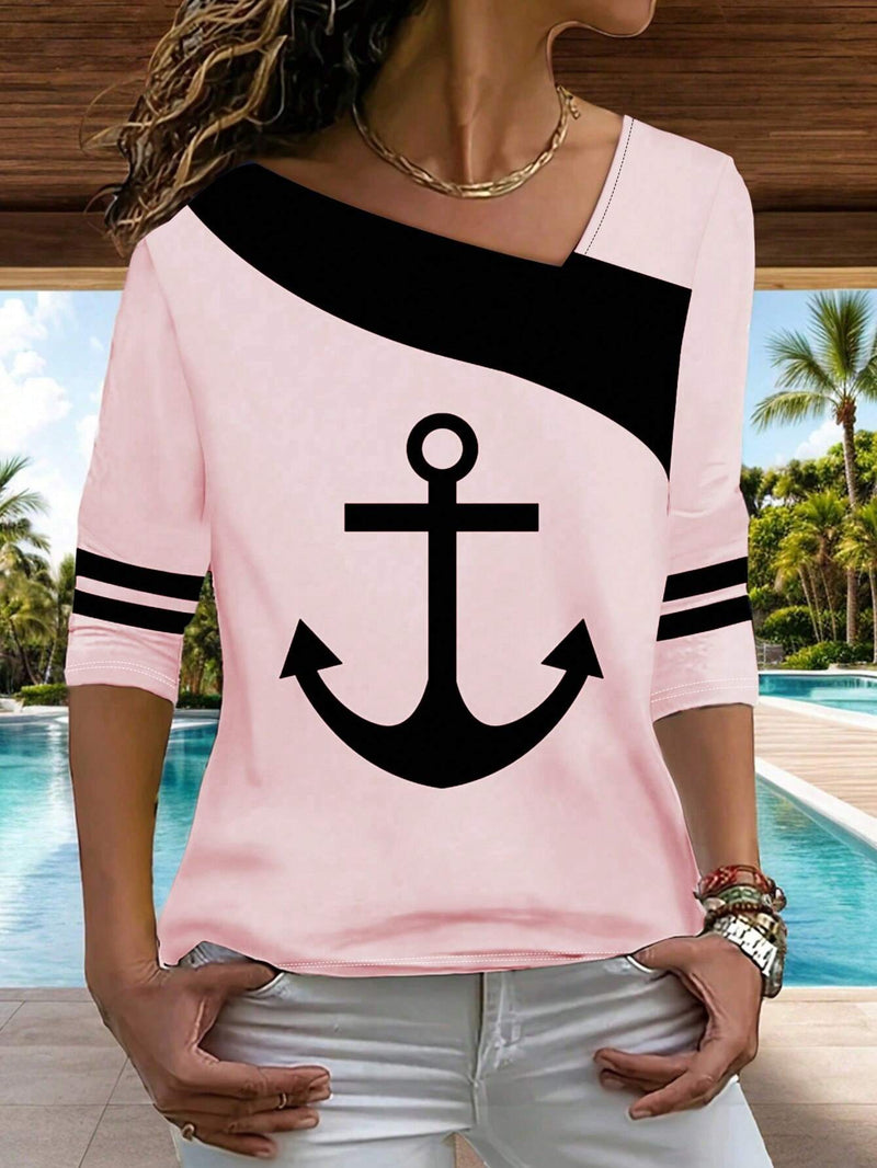 Camiseta de verano casual para mujeres con estampado de bloques de color