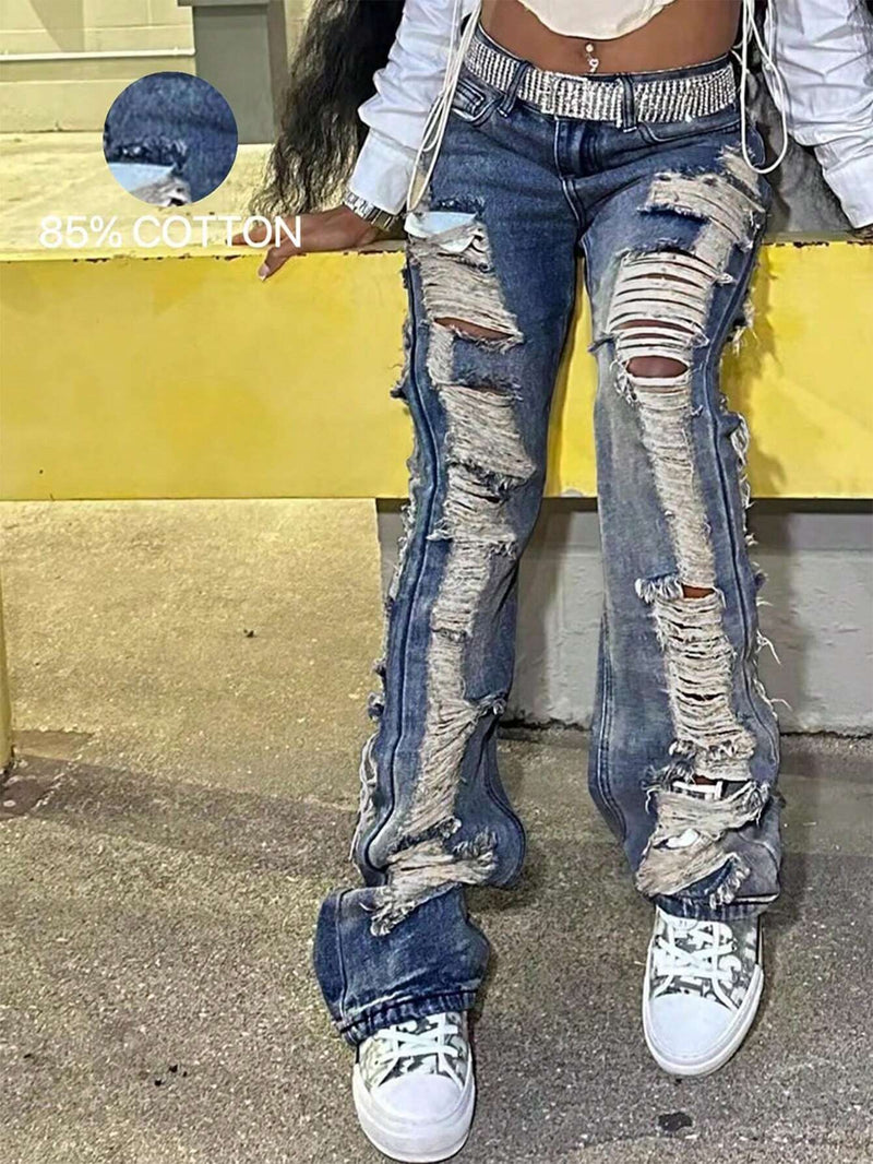 Jeans acampanados de ajuste delgado desgastados con agujeros rasgados en estilo americano de Festival Vintage Y2K para fiesta rave