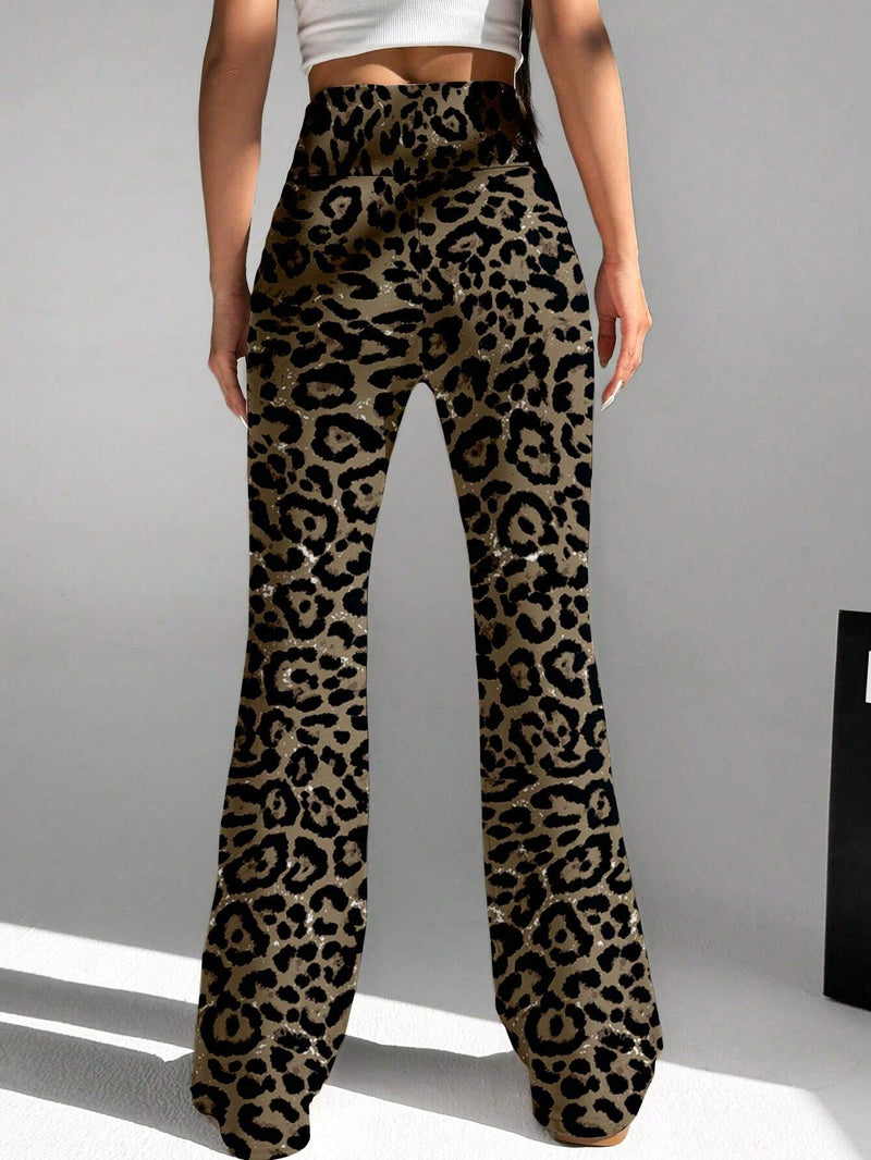 EZwear Pantalones largos con estampado de leopardo para mujer cortados al azar