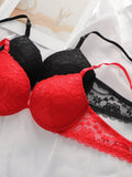 2 piezas de sujetadores con aros de encaje floral rojo/albaricoque con efecto push-up para mujer, ropa interior femenina con cierre trasero para busto/pecho pequeno, lenceria sexy y de unicolor para pechos pequenos, sosten de apoyo con tirantes