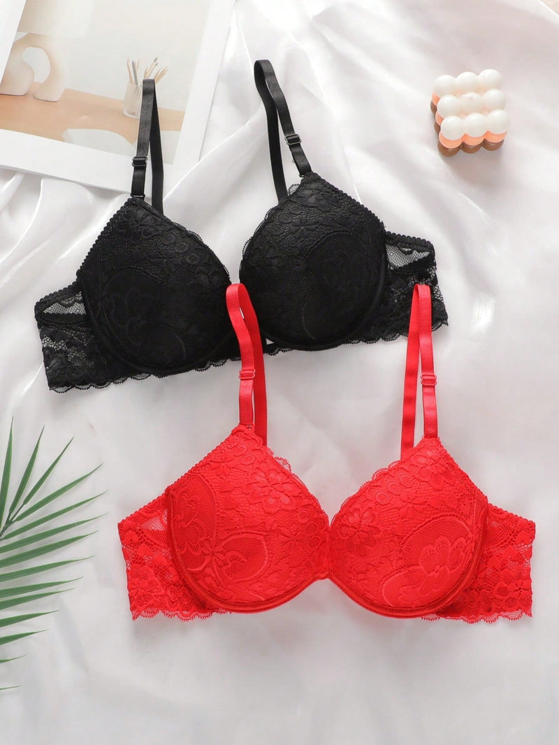 2 piezas de sujetadores con aros de encaje floral rojo/albaricoque con efecto push-up para mujer, ropa interior femenina con cierre trasero para busto/pecho pequeno, lenceria sexy y de unicolor para pechos pequenos, sosten de apoyo con tirantes