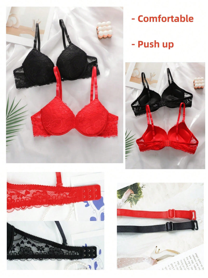 2 piezas de sujetadores con aros de encaje floral rojo/albaricoque con efecto push-up para mujer, ropa interior femenina con cierre trasero para busto/pecho pequeno, lenceria sexy y de unicolor para pechos pequenos, sosten de apoyo con tirantes