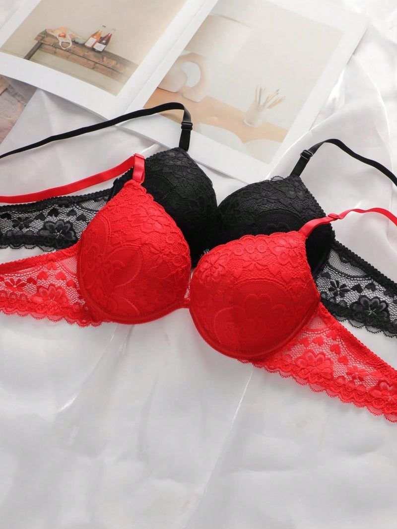 2 piezas de sujetadores con aros de encaje floral rojo/albaricoque con efecto push-up para mujer, ropa interior femenina con cierre trasero para busto/pecho pequeno, lenceria sexy y de unicolor para pechos pequenos, sosten de apoyo con tirantes