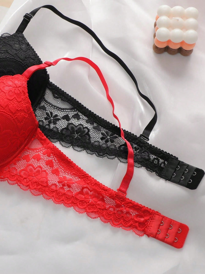 2 piezas de sujetadores con aros de encaje floral rojo/albaricoque con efecto push-up para mujer, ropa interior femenina con cierre trasero para busto/pecho pequeno, lenceria sexy y de unicolor para pechos pequenos, sosten de apoyo con tirantes