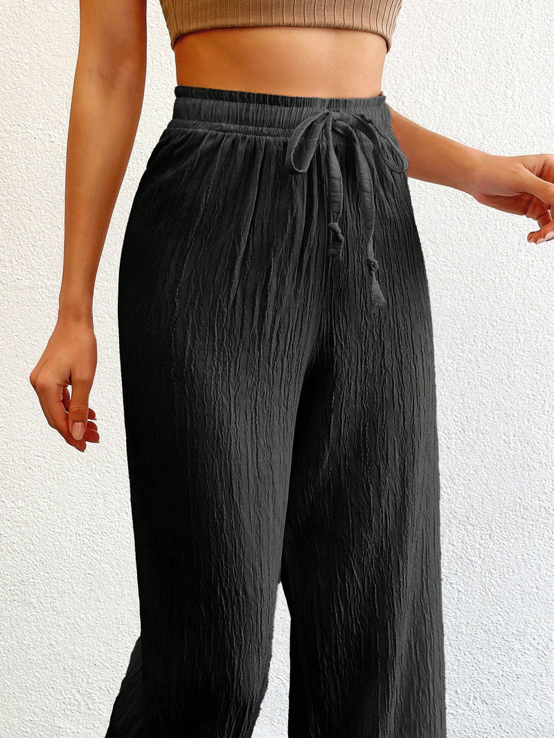 Tall pantalones largos de unicolor con cintura larga y cordon para mujeres altas