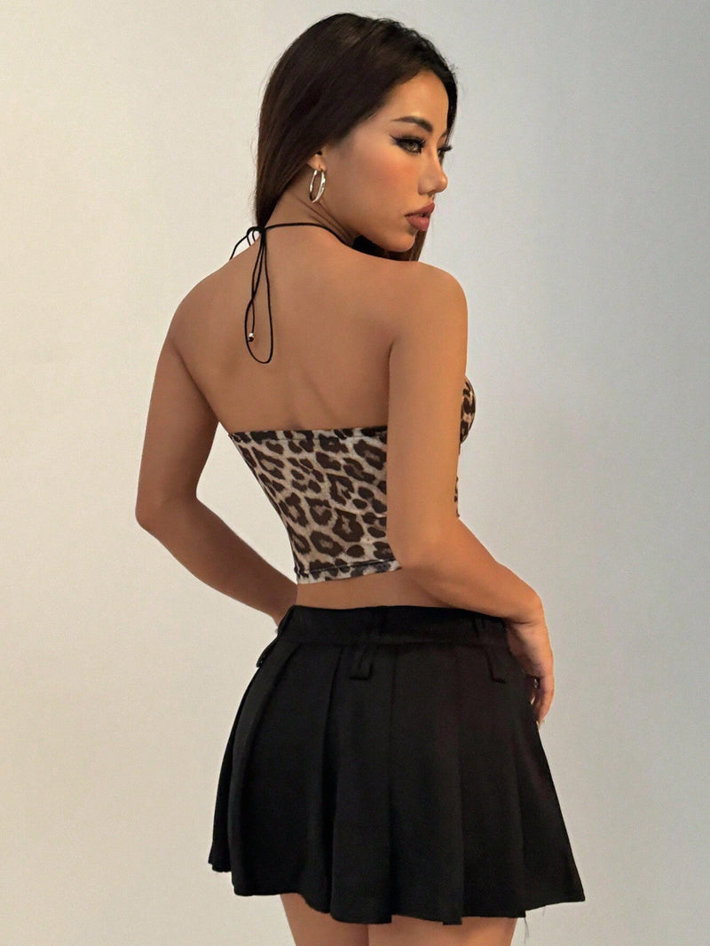 ICON Top de malla transparente con estampado de leopardo para mujer